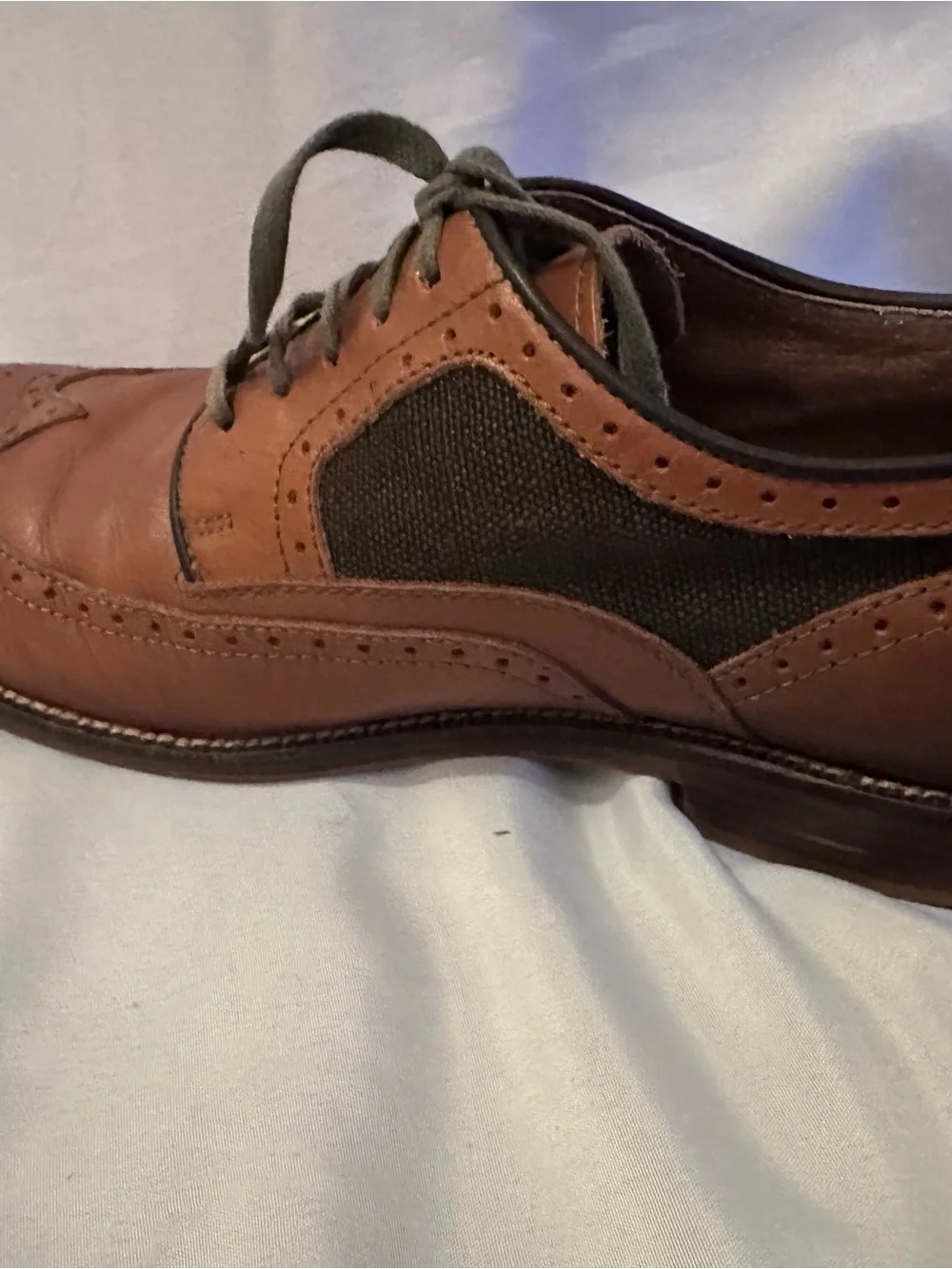 Johnston & Murphy Brown Leather Wingtip Oxfords with Olive Fabric Panels